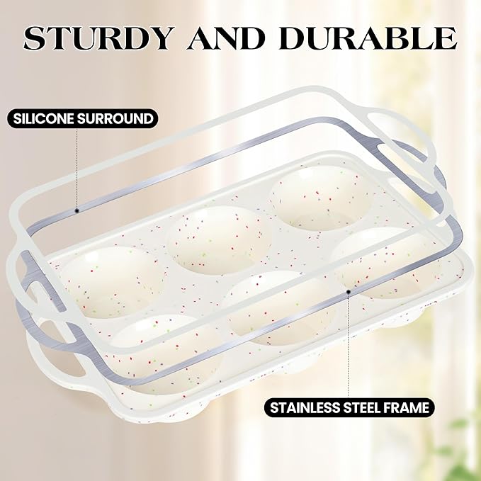 2 Pcs Jumbo Muffin Pan with Metal Frame, Nonstick 6 Cup Extra Large Cupcake Pan for Baking, Silicone Deep Muffin Tray for Egg Bites (Cream)