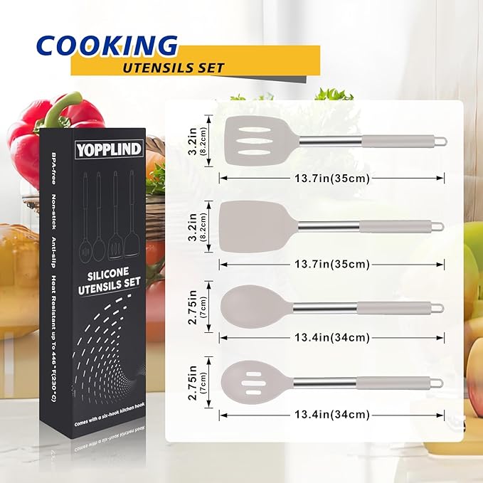 5-Piece Silicone Kitchen Tool Set, BPA-Free, Heat-Resistant, Non-Stick & Dishwasher-Safe, with Slotted/Solid Spoons & Spatulas for Frying, Mixing, Draining – Includes Multi-Purpose Serving Hook(Khaki)