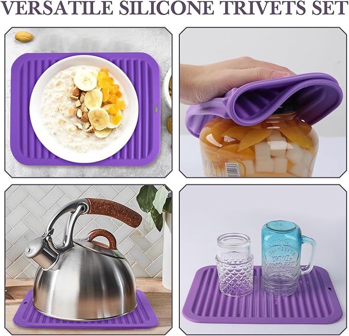 Silicone Trivet for Hot Dishes, 2 Pack Purple Heat Resistant Silicone Hot Pads Pot Holders for Kitchen Counter Non-Slip Trivets for Hot Pots and Pans, 9'' x 12'' Large Dish Drying Mat & Spoon Rest