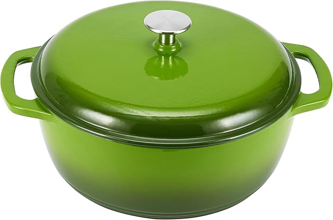 Amazon Basics Cast Iron Dutch Oven Pot with Lid, Enameled, Round, Dual Handles, Heavy-Duty, Large, 7.3-Quart, Green
