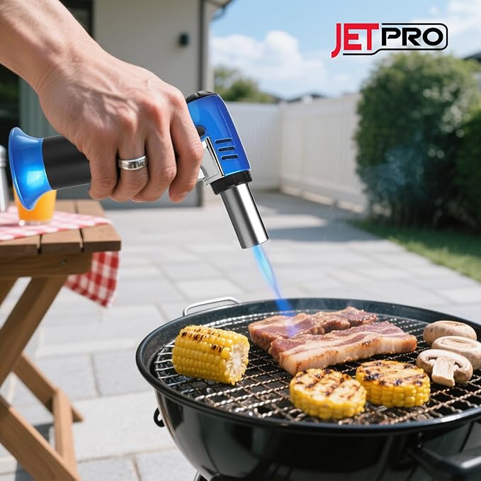 Butane Torch Lighter Refillable with Adjustable Flame Kitchen Torch for Creme Brulee Baking BBQ Cooking Soldering One Hand Operation with Fuel Window Safety Lock (Butane Gas Not Included)