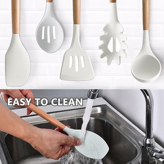 Kitchen Cooking Utensils Set 6Pcs Non-Stick Silicone Kitchen Utensils Spatula Spoon Turner Ladle Pasta Server, Heat Resistant Wooden Handle Silicone Cooking Gadgets Sets for Cookware & Baking