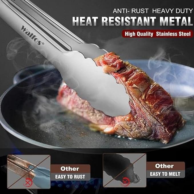 Tong for cooking, Walfos kitchen tongs set of 2 - Heat Resistant 600℉, Heavy Duty Locking Metal cooking Tongs, Stainless Steel BBQ Grilling,(All Metal 12in+16in)