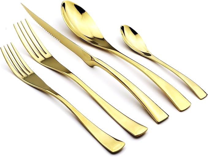 20-Piece 18/10 Stainless Steel Serrated Steak Knife Flatware Set, Mirror Polishing Gold,Service for 4