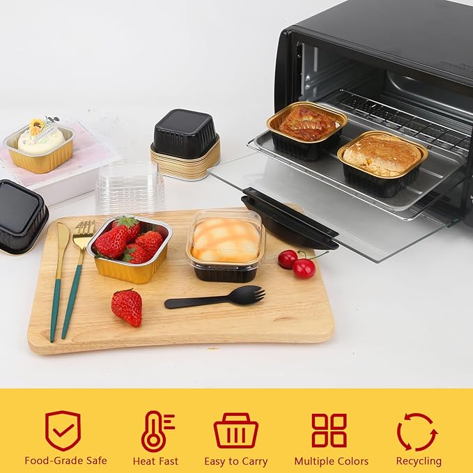 LNYZQUS 5oz/80pack Mini Cake Pans with Lids, Disposable Ramekins Muffin Tins Cupcake Baking Cups,Small Aluminum Foil Brownie Baking Pan Containers Mini Cheesecake Holders-Black