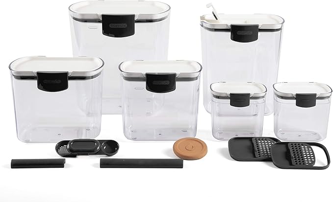 Progressive ProKeeper Baker's Airtight Kitchen Storage Canister Container Set for Flour, Sugar & More, Keeps Ingredients Fresh, with Accessories (Black Latches, 6- Piece)