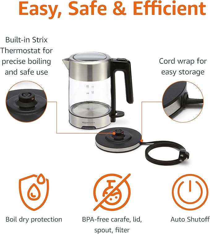 Amazon Basics Electric Kettle with Glass Carafe for Tea and Coffee, BPA-Free, Fast Boiling, Auto Shut-Off, 1.1 Quarts, 1500W, Glass and Steel