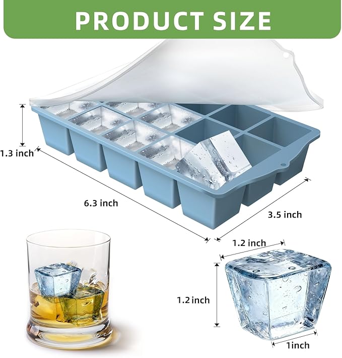 Silicone Ice Cube Tray, 2 Pack Easy-Release Stackable Ice Trays for Freezer with Lid 15 Reusable Cubes, Food Grade BPA Free Ice Molds for Whiskey, Baby Food, Coffee, Cocktail (Blue+Green)