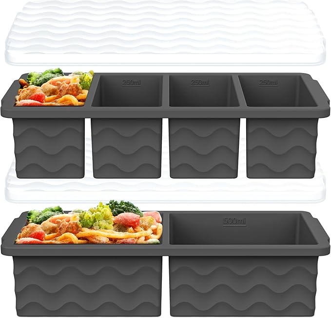 Silicone Freezer Molds for Soup with Lid, 1-Cup & 2-Cup Large Ice Cube Trays Food Storage Containers for Meal Prep, Freeze 250mL/125mL Portions – 2 Pack