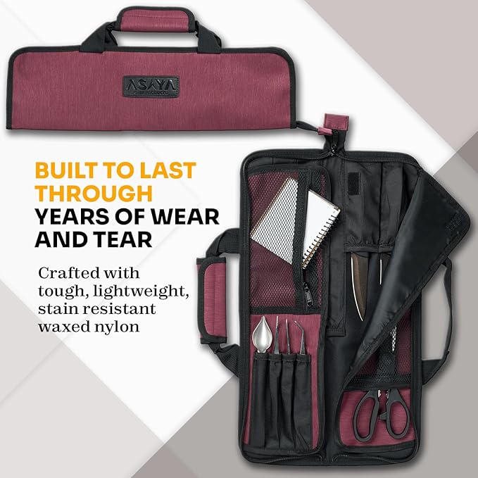 Asaya Chef Knife Roll Bag - 12 Pockets for Knives and Kitchen Utensils - Lightweight, Durable, and Stain Resistant Nylon - Perfect for the Traveling Chef - Knives not Included (Red)