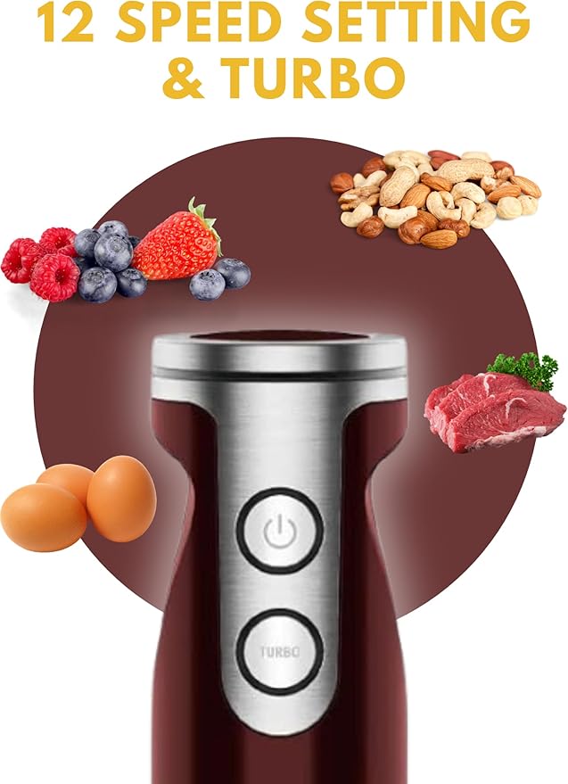 MEGAWISE new Hand Blender Series Single Hand Blender,no attachments,12-Speed,Includes Powerful Blender Stick- Easy to Clean and Perfect for Smoothies, and More (RED)