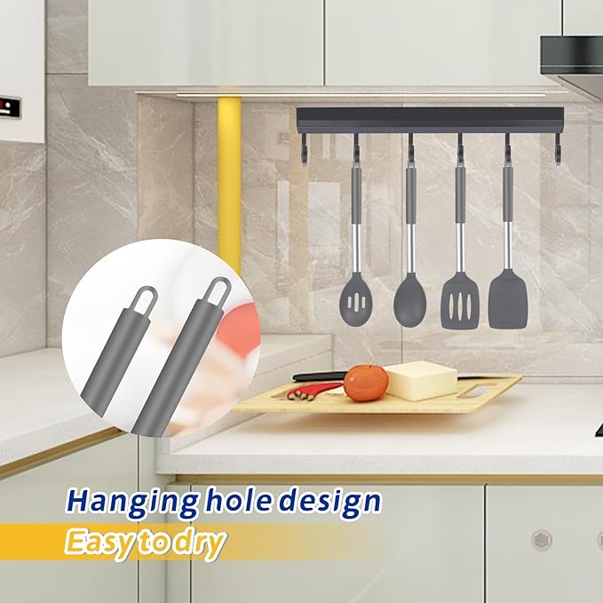 5-Piece Silicone Kitchen Tool Set, BPA-Free, Heat-Resistant, Non-Stick & Dishwasher-Safe, with Slotted/Solid Spoons & Spatulas for Frying, Mixing, Draining – Includes Multi-Purpose Serving Hook(Gray)