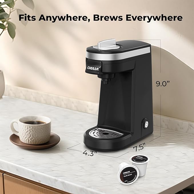 CHULUX Single Serve Coffee Maker for K Capsule and Ground Coffee, Single Cup Coffee Machine, Black