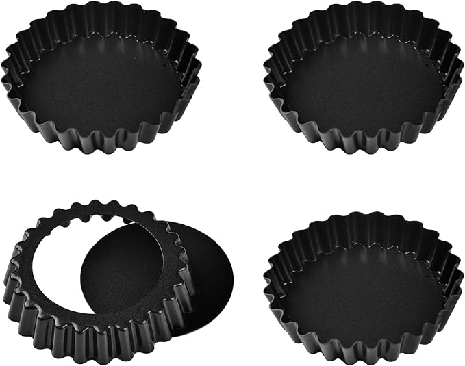 Mini Tart Pan Set, 4-Inch 4pcs with Removable Loose Bottom Non-Stick Round Quiche Bakeware for Oven and Instant Pot Baking (Black)
