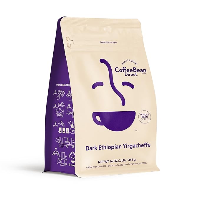 Coffee Bean Direct Dark Ethiopian Yirgacheffe, Whole Bean Coffee, Dark Roast, 1 Pound Bag (Pack of 1)