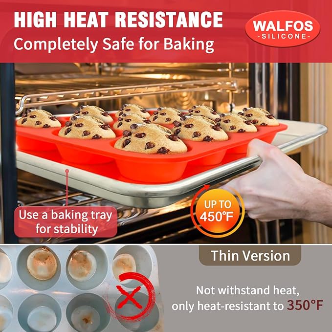 Walfos Silicone Muffin Pan - 12 Cups Regular Silicone Cupcake Pan, Non-stick Great for Making Muffin Cakes, Tart, Bread - BPA Free and Dishwasher Safe