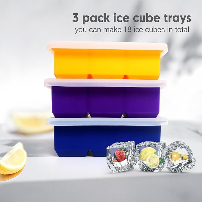 Silicone Ice Cube Trays 3 Pack - Large Size Silicone Ice Cube Molds with Leak Proof Removable Lid Square Ice Cube Tray And BPA Free for Cocktail,Whiskey, Stackable Flexible Ice