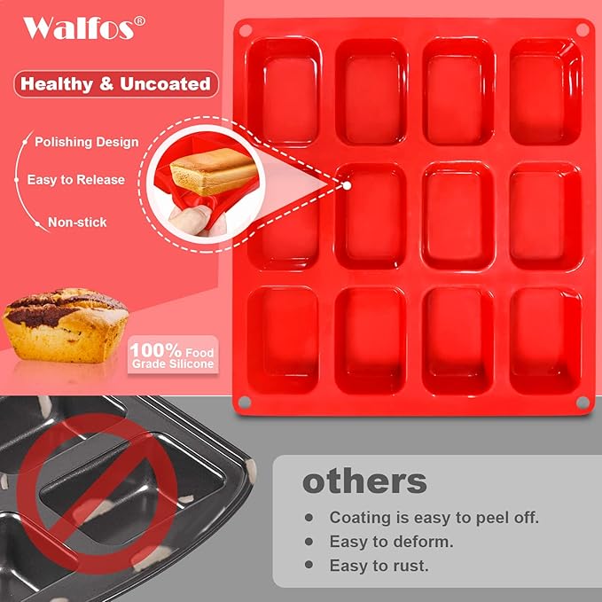 Walfos Silicone Mini Loaf pan, 12 Cavities Mini Bread Pan Brownie Pan, Food Grade & Non-stick, Ideal For Mini Bread, Brownie, Cornbread, Cheesecake & Chocolate, Set of 2