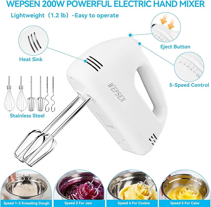 Hand Mixer Electric Mixing Bowls Set, 5 Speeds Handheld Mixer with 4 Nesting Stainless Steel Mixing Bowl, Measuring Cups Spoons 200W Kitchen Blender Whisk Beater Baking Supplies For Beginner