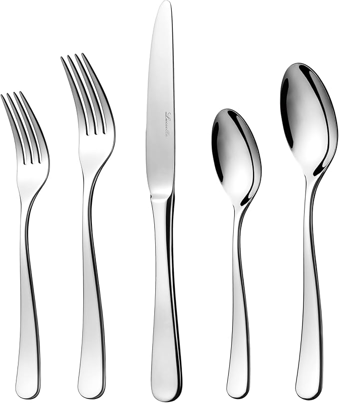 Luciella Tropea Flatware Set for 12, 65-Piece Premium 18/10 Stainless Steel Silverware Set with Serving Utensils, Modern Mirror Finish, Rust Resistant, Dishwasher Safe