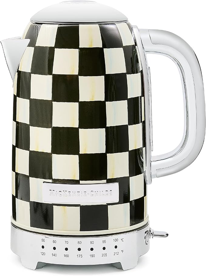 MACKENZIE-CHILDS Electric Kettle, Stainless-Steel Tea Kettle, Black-and-White Courtly Check