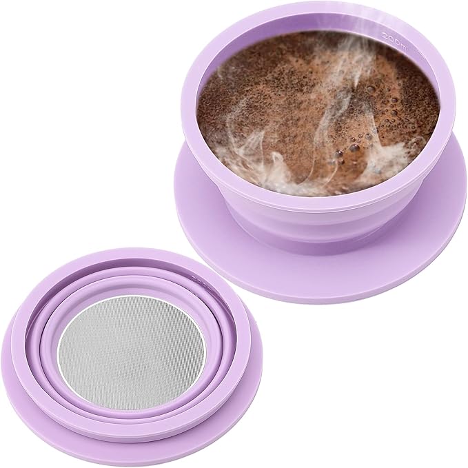 Collapsible Paperless Pour Over Coffee Maker with Stainless Steel Mesh Filter, Silicone Camping Coffee Maker Pour Over for 1~2 Cup, Reusable Collapsible Travel Pour Over Coffee Dripper (Purple)