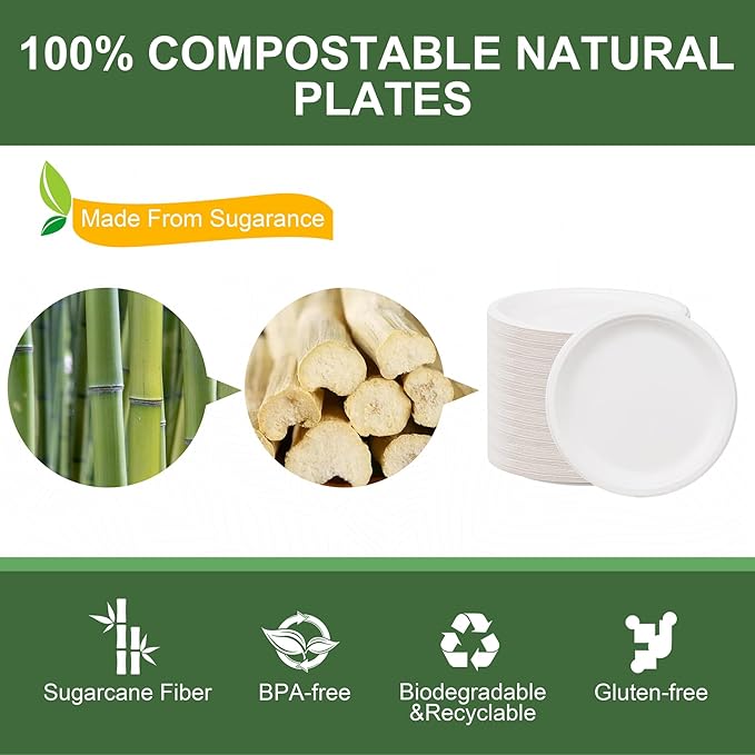 WELLIFE 10 Inch Paper Plates, 125-Pack 100% Compostable Heavy Duty Disposable Plates Bulk, Biodegradable Bagasse, Eco-Friendly, PFAS-Free | BPI Certified | Microwaveable