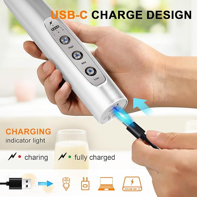 YUSWKO Rechargeable Milk Frother Handheld with 3 Heads, Silver Coffee Electric Whisk Drink Foam Mixer, Mini Hand Stirrer with 3 Speeds Adjustable for Latte, Cappuccino, Hot Chocolate, Egg