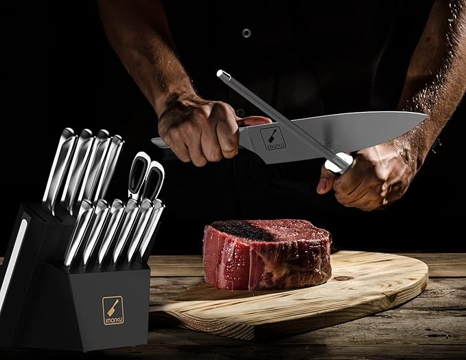 imarku® 15 PCS Kitchen Knife Set with Diamond Shaped Handle Dishwasher Safe Kitchen Knives Premium German High Carbon Stainless Steel Chef Knife Set, Father's Day Gifts