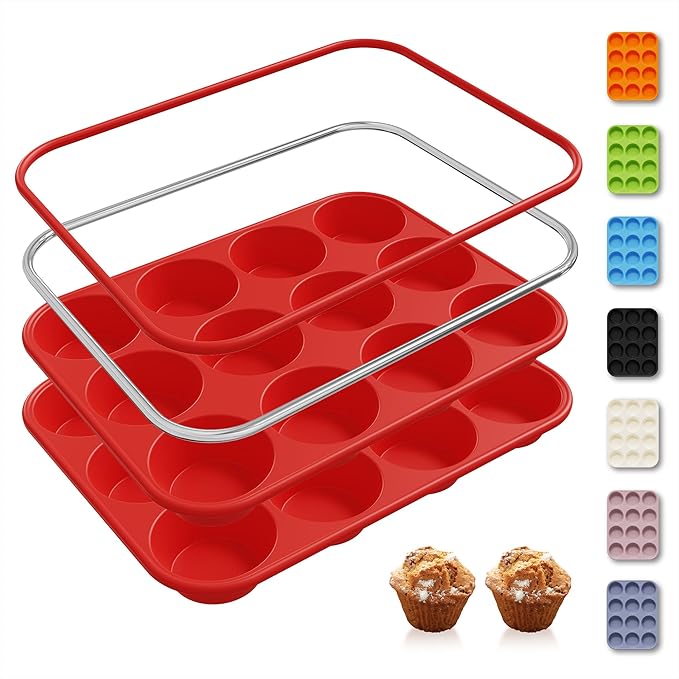2 Pack 12 Cups Silicone Muffin Pan with Metal Reinforced Frame Regular Size Silicone Molds Cupcake Cake Baking Pans Cookie Baking Chocoflan Cupcake Mold Nonstick Muffin Tin Home Baking Supplies