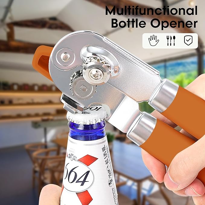Beneno Heavy Duty Hand Can Opener Manual with Magnet, Durable Sharp Carbon Steel Blade Smooth Cutting, Big Effort-Saving Knob, Soft Grip Handle, Multifunctional Kitchen Tool with Bottle Opener, Orange