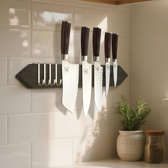 imarku Magnetic Knife Holder for Wall - 16 Inch Acacia Wood Magnetic Knife Strip with Powerful Magnet, Knife Magnetic Strip for Kitchen Utensil Organizer with 4 Hooks, Dark Gray