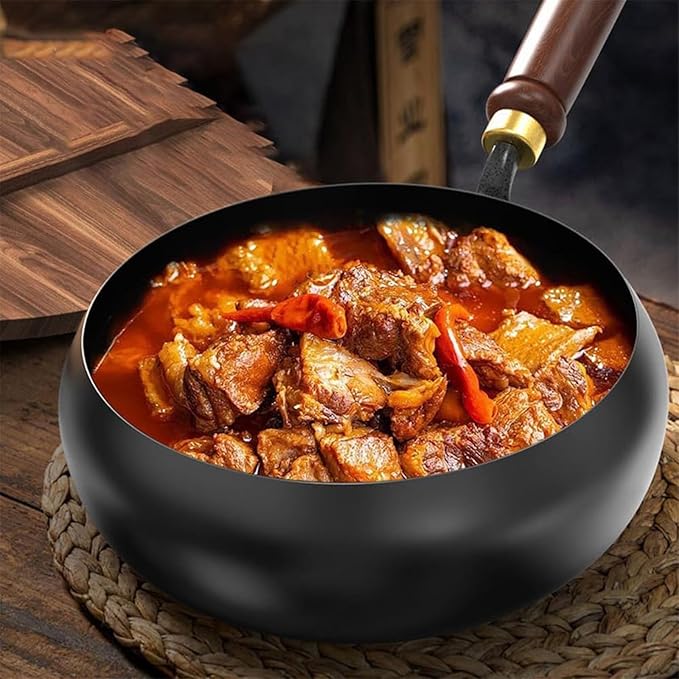 Jinswhdre Cast Iron Skillet, 9.5/11in Jinswhdre Japanese Irons Pan, Hand Forged Uncoated Iron Pan with Lid Spatula, Non-stick Wok for Cooker Gas Stir Fry Pans Durable and Rust-Free (Wooden Lid,9.45in)