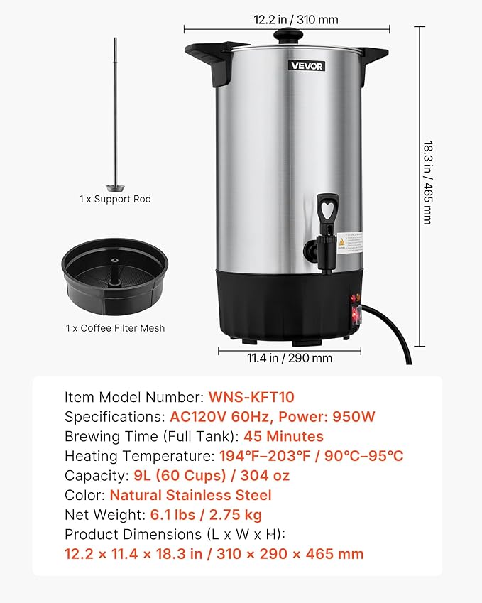 VEVOR Commercial Coffee Urn, 60 Cup 9 L Hot Beverage Dispenser with Dripless Faucet, Quick-Brewing Stainless Steel Large Commercial Coffee Maker, for Catering, Business, Party, Church & Restaurant