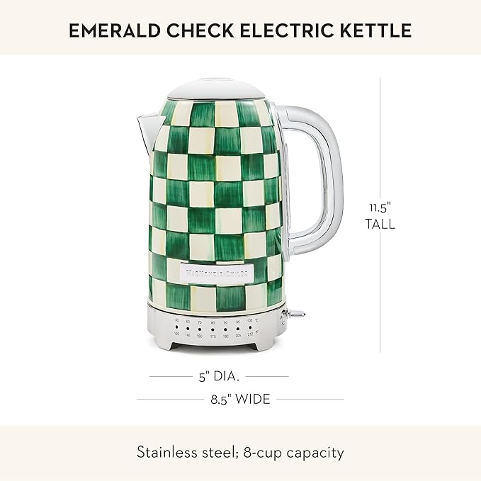 MACKENZIE-CHILDS Electric Kettle, Stainless-Steel Tea Kettle, Green-and-White Emerald Check