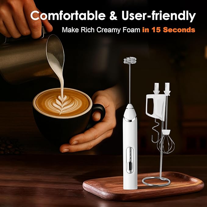 Milk Frother Handheld with Stand,Rechargeable Coffee Frother Wand with 3 Detachable Stainless Steel Whisk Heads, Hand Electric Mixer for Latte,Matcha,Cappuccino,Protein (White)