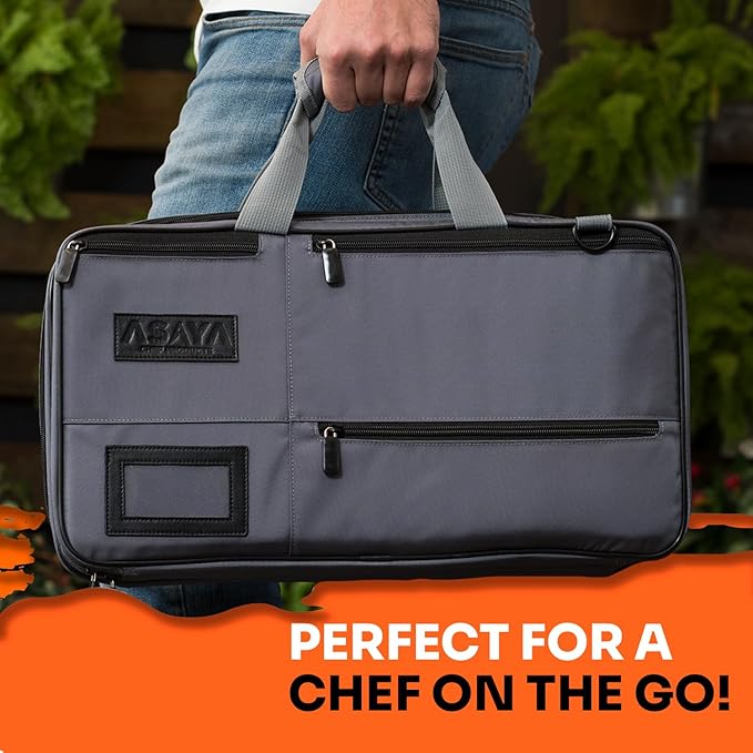 Asaya Chef Knife Bag - 28 Pockets for Knives and Kitchen Utensils - Durable Ballistic Nylon, Black Stainless Steel Hardware, Card Holder and Adjustable Shoulder Strap - Knifes not Included