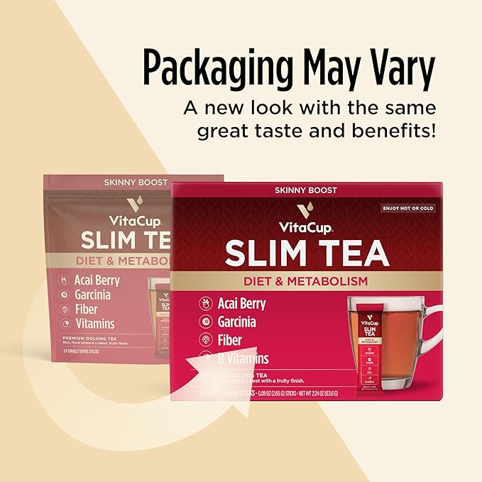 VitaCup Slim Instant Tea Packets for Diet Support, Oolong Tea w/B Vitamins, Garcinia, Inulin & Acai, On-The-go Instant Sticks, 48 Ct
