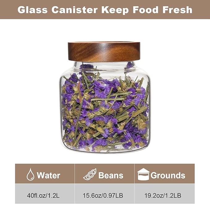 Glass Coffee Jars Spice Jar Round Storage Canister with Wooden Lid Clear Glass Food Jar for Pantry Sugar Tea Coffee Bean Spice Nuts Cookies Bath Salts (1200ml/40oz-1 Pack)