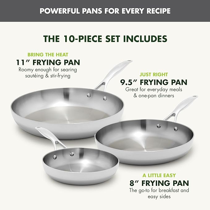 GreenPan Valencia Tri-Ply Stainless Steel 3 Piece Frying Pan Set (8", 9.5" & 11" Skillets), Induction Ready, Mirror Finish, Dishwasher & Oven/Broiler Safe to 600F, Compatible with All Cooktops, Silver