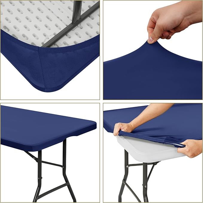 10 Pack Stretch Fabric Table Top Cap Cover, fits 8' Tables, Spandex Table Covers Washable Elastic Rectangle Tablecloth Protector for Indoor Outdoor Party Picnic Wedding, Navy Blue, 30" W x 96" L