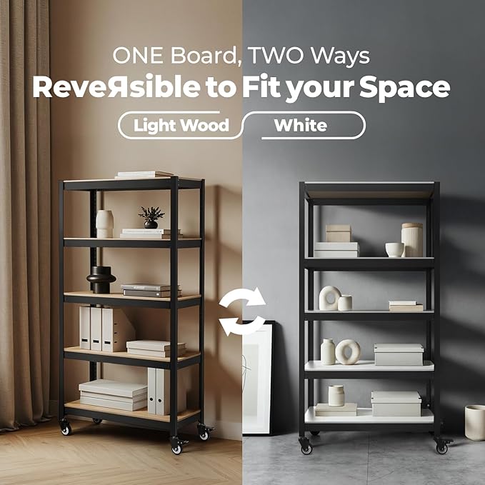 HOMEDANT House 5-Tier Metal Rolling Cart Shelf Rack Casters Heavy Duty Laminated Wheel Shelving Unit Adjustable Utility Storage Shelves Organizer Shelf Kitchen Garage 24.4" W x 16.5" D x 62.2" H 4Pack