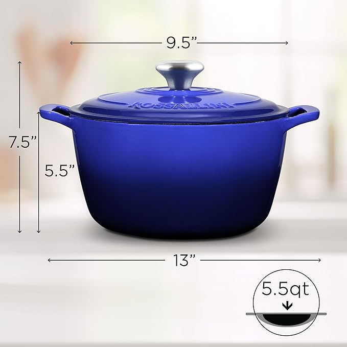 Signature Enameled Cast Iron Dutch Oven, Non-Stick Serving Pot with Tight Fitting Lid for Perfect Roasting, Baking, Sauteing, and Bread Making | 5.5Q (5.2L) - Indigo Blue