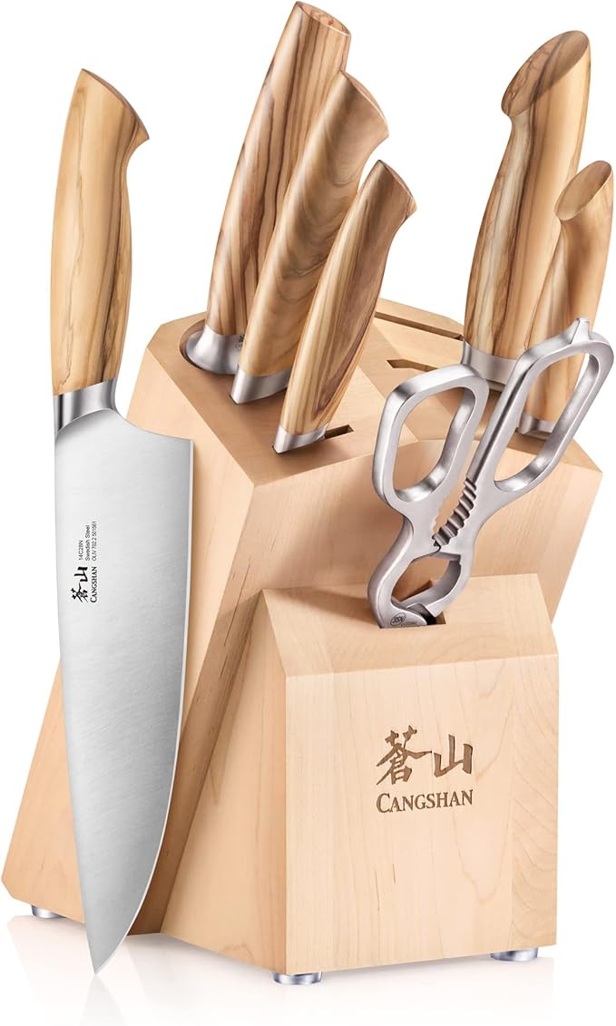 Cangshan OLIV Series 8-Piece Knife Block Set, Forged Swedish 14C28N Steel, Maple Block, 501684