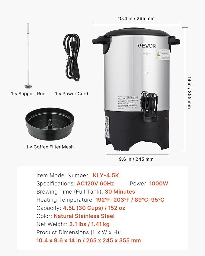 VEVOR Commercial Coffee Urn, 30 Cup 4.5 L Hot Beverage Dispenser with Dripless Faucet, Quick-Brewing Commercial Coffee Maker with Stainless Steel Liner, for Catering, Business, Church & Restaurant