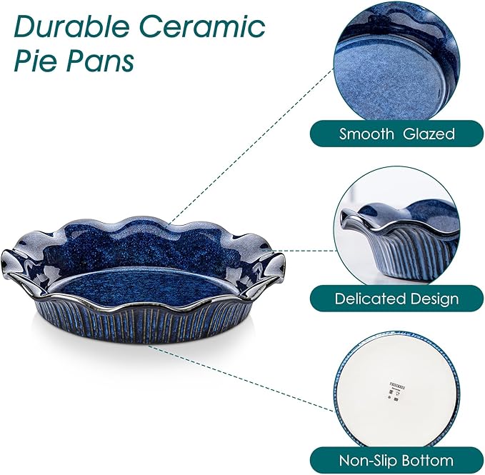 vancasso Stern Ceramic Pie Pan for Baking, 9 inch Pie Plates for Apple Pie and Quiche, Deep Pie Dish, Large Pot Pies, Thanksgiving Gifts for Women -Blue