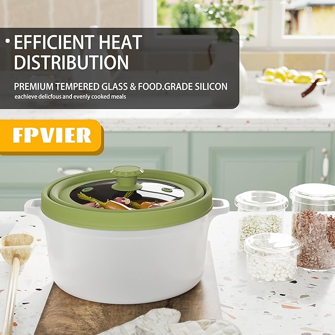 Collapsible Microwave Splatter Cover - Vented Silicone & Glass Lid with Easy-Grip Handle, Fits 6 to 11 Inch Plates & Bowls, 11.8 Inch Diameter, Prevents Splatters & Ensures Even Heating