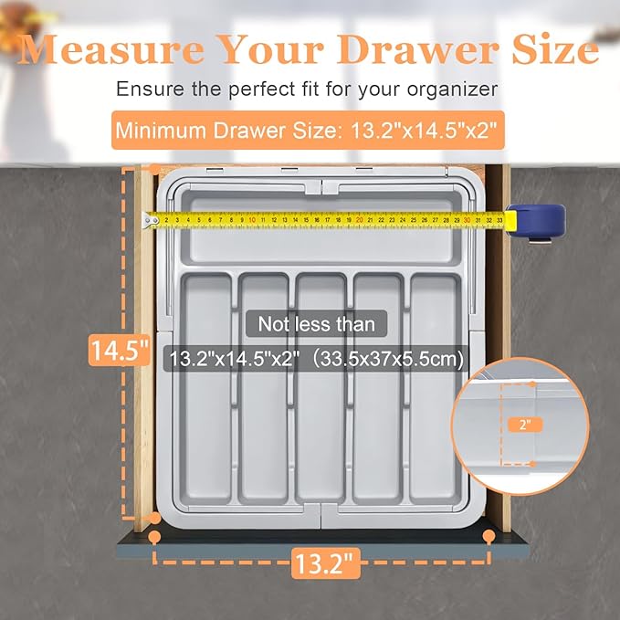 Silverware Organizer Expandable Kitchen Drawer Organizer Adjustable 22"x 19" Utensil Organizer with Rubber Feets Cutlery Drawer Organizer for Spoons Forks Knives Kitchen Organizers and Storage Grey