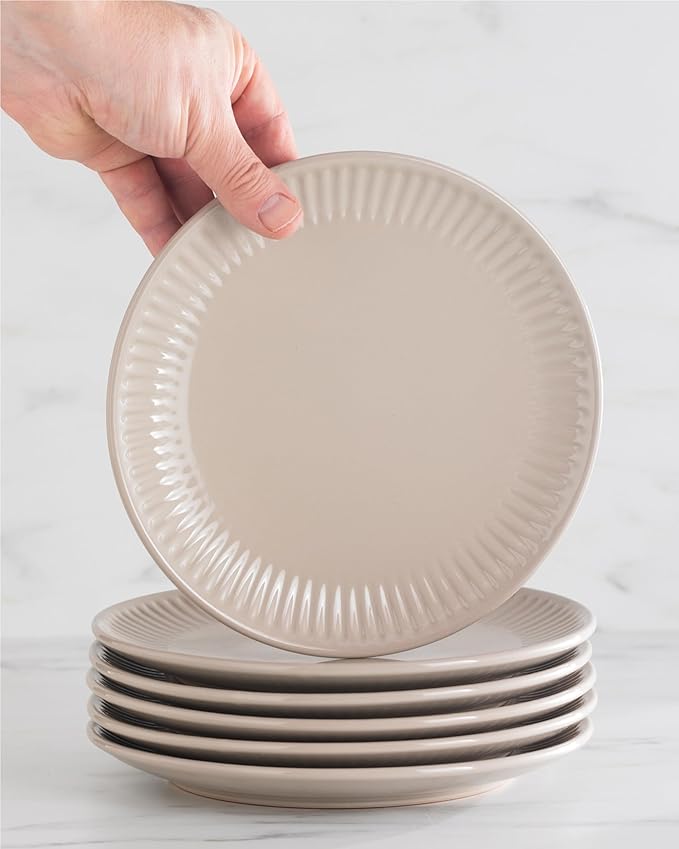 Stoneware Dinnerware Set for 8 People HYGGE 24-Piece - Elegant Scandi Design - Premium Dish Set - Bowl and Plate Set - Tableware for 8 People in a Ribbed Design - Pure Living in Light Brown