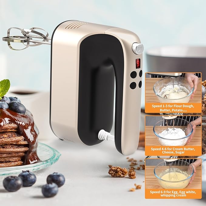 9-Speed Digital Hand Mixer Electric, 400W Powerful DC Motor, Baking Mixer Handheld with Snap-On Storage Case, 5 Stainless Steel Accessories, Flat Beaters, Dough Hooks, Whisk (Champagne Gold)